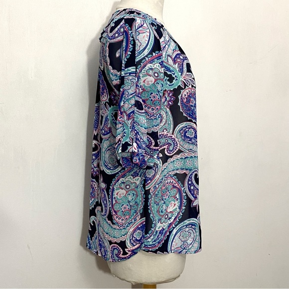 SKIES ARE BLUE paisley print sheer polyester ruched sleeves tuck shoulder top S - Picture 3 of 8